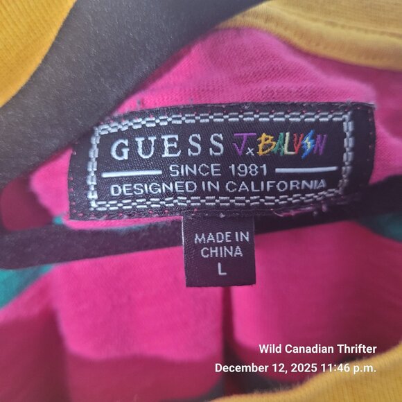 Guess L J Balvin Collab Pink Green Stripe Tee Yellow Collar Logo Shirt - Picture 3 of 7